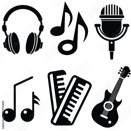 Black & White Headphone and Microphone Icons - Audio Device Silhouettes