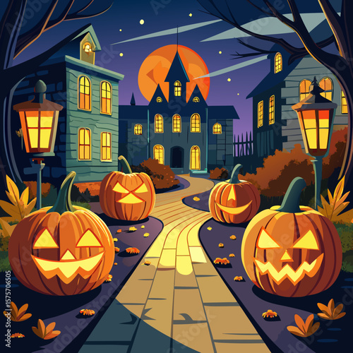 Spooky halloween night with carved pumpkins and haunted houses under a full moon
