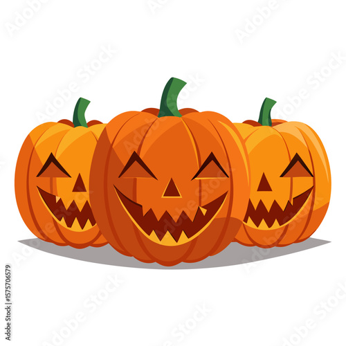 Three happy carved halloween pumpkins with smiling faces on a white background