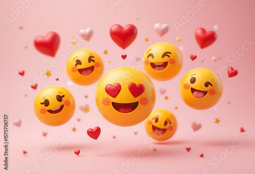 Happy Emoji Hearts Floating in a Pink Background. A playful and cheerful image featuring various happy emoji faces, winking emoji, and hearts floating against a soft pink background.