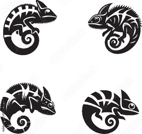 Wallpaper Mural "Set of 4 Chameleon Silhouettes in Curled Poses | Black and White Reptile Vector Art" Torontodigital.ca
