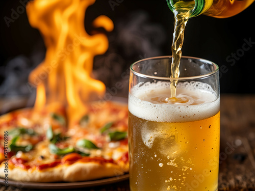 Beer being poured into glass beside pizza with flames in background. Pizza and Beer Festival 