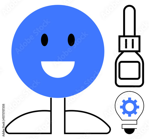 Blue smiling face alongside a glue bottle and a lightbulb with a gear inside, symbolizing creativity, problem-solving, and innovation. Ideal for teamwork, design, engineering, education, creativity
