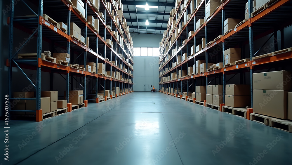 Efficient Storage A Long Aisle View in a Modern Warehouse Facility, Conveying Order and Organization. Efficient Storage A Long Aisle View in a Modern Warehouse Facility, Conveying Order and Organization.
