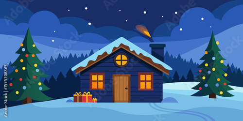 Christmas winter landscape with snow-covered houses, trees, and stars, perfect for a festive holiday night illustration or card