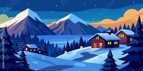 Snowy mountain landscape with a lone house under a starlit winter sky, nestled among frosted trees