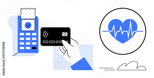 Hand tapping a contactless card on POS terminal with receipt, next to a blue heart with ECG line. Ideal for finance, healthcare, technology, digital payment, wellness, security retail. Simple flat