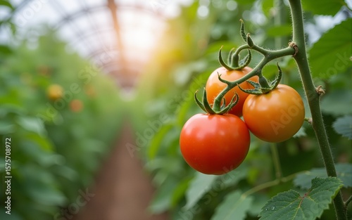 Beautiful tomatoes plant on branch  in green house in foreground, shallow dept of field, copy space , organic tomatoes. High quality