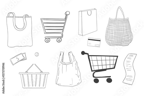 Shopping cart trolley doodle, shopping basket supermarket bag, net shopper simple line. Craft bag, paper bag. Purchase trade sketch, hand drawn