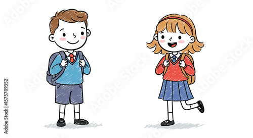 Bright drawing with colored crayons of a schoolboy and schoolgirl in uniforms with backpacks — illustration in naive doodle style, detailed pencil texture on white background,  back-to-school