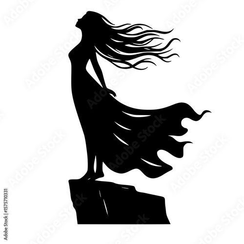 Woman on cliff icon, black silhouette, wind-blown dress and hair, dramatic standing pose, minimal clipart