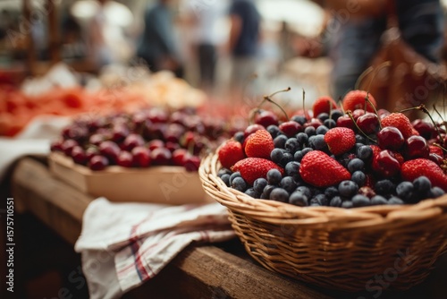 Basket of Fresh Strawberries, Blueberries, and Cherries at Market, Representing Healthy Eating and Summer Harvest : Generative AI