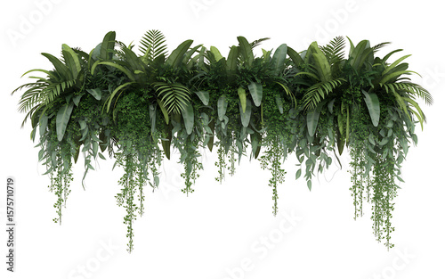 Lush hanging greenery with various tropical plants and cascading vines