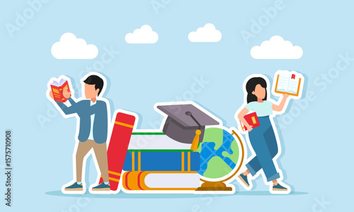 Young man and woman reading books around a stack of books globe and graduation cap illustration of the importance of literacy to support school or university graduation