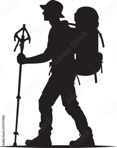 hiker with rucksack vector black color silhouette vector, isolated white background.