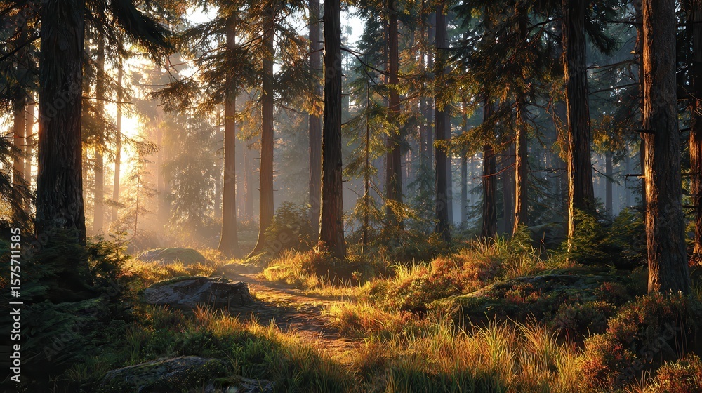 Obraz premium tall pine forest bathed in early morning light
