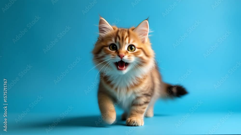 Playful Domestic Cat with Orange Fur and Bright Eyes on Blue Background Captivating Expression and Charismatic Pose for Stock Photo Use Playful Domestic Cat with Orange Fur and Bright Eyes on Blue Background Captivating Expression and Charismatic Pose for Stock Photo Use