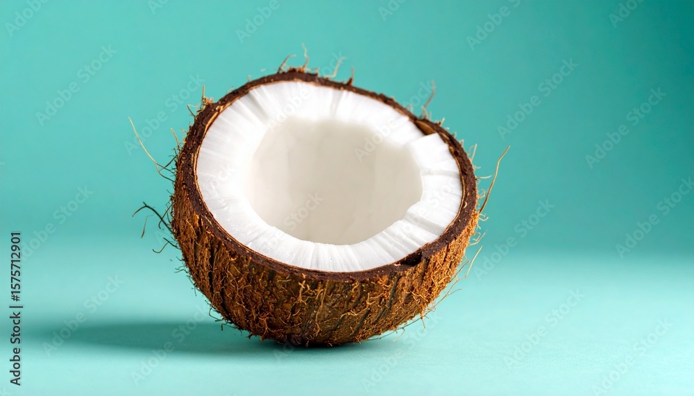 A halved coconut rests on a teal background, showcasing its creamy white flesh and brown husk. A halved coconut rests on a teal background, showcasing its creamy white flesh and brown husk.