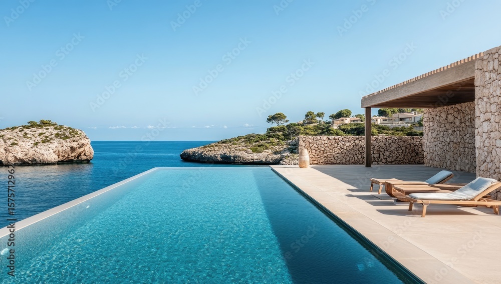 Fototapeta premium Coastal villa infinity pool, azure water, stone walls
