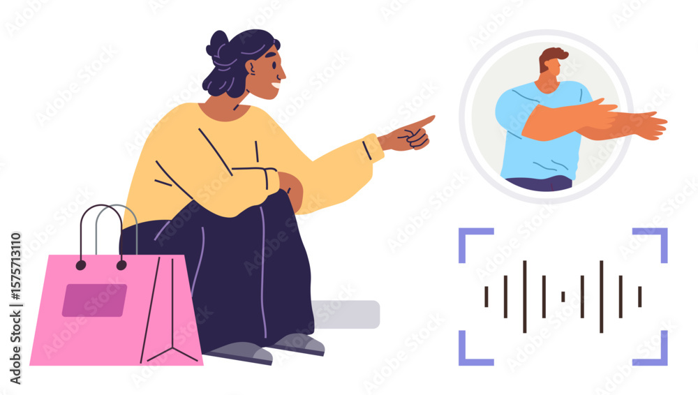 Woman sitting next to a shopping bag, pointing at a virtual avatar on a screen, with a voice recognition waveform below. Ideal for technology, communication, AI, online shopping, remote interaction Woman sitting next to a shopping bag, pointing at a virtual avatar on a screen, with a voice recognition waveform below. Ideal for technology, communication, AI, online shopping, remote interaction