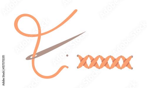 The stitch is embroidered with a needle and thread. A flat color illustration of the embroidery process. Embroidery or sewing textures, the embroidery process. The line of crosses