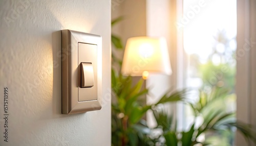 Light switch on a wall, soft focus on lamp and plants
