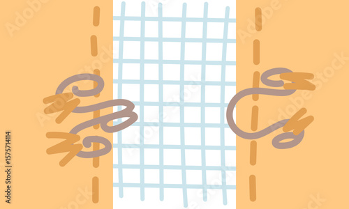 Hidden type hook and loop fasteners for clothing. Fasteners are sewn onto the fabric. Flat color illustration. Sewing items. Love for sewing, care, and clothing production. Hidden clothing fasteners