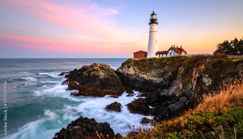 Fototapeta premium Lighthouse at sunset over ocean rocks