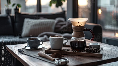 Cozy coffee preparation scene featuring a Chemex, two mugs, wooden tray, and sofa creating a relaxing atmosphere.