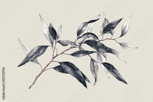 Eucalyptus Branch With Intricate Black Liner Surrounded by Subtle Tones Generative AI