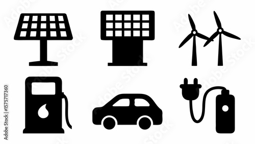 Illustration depicting renewable energy sources and electric vehicle charging station concept art