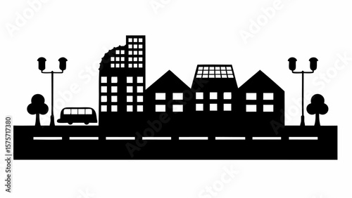Silhouette of city skyline with buildings street lights trees and a bus on a road against a white background