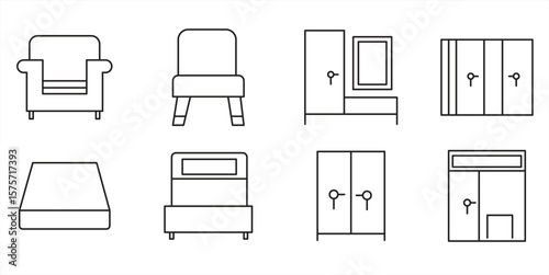 furniture icons, Home furniture set, loft table, double bed, folding mattress, beanbag chair, wardrobe, isolated on white background, vector illustration.

