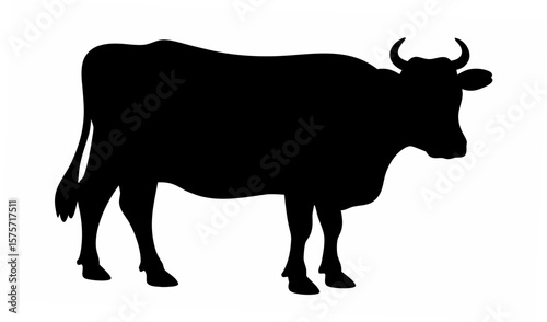 Silhouette of a cow standing on a white background with its tail and horns visible in the image view