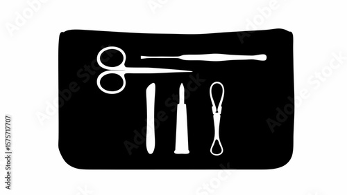 Silhouette of surgical instruments including scissors scalpel and retractors on black background shown