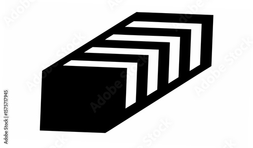 Black and white illustration of a three dimensional shape with chevron patterns pointing rightward