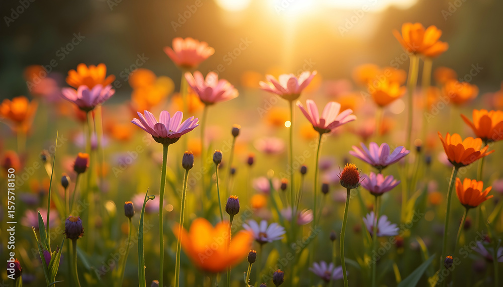 Fototapeta premium Radiant Wildflower Meadow at Sunset: A Symphony of Colors and Golden Light