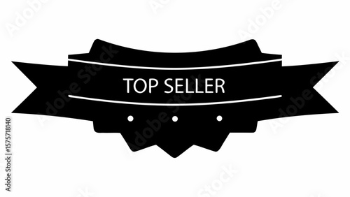 Black top seller banner with three small circles and white text on a white background in a flat design style