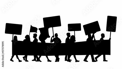 Silhouette of a group of people marching and protesting with signs and a banner in black and white style