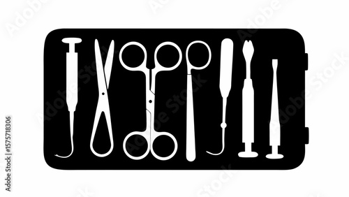 Surgical instruments including scissors and syringes arranged in a black rectangular container case