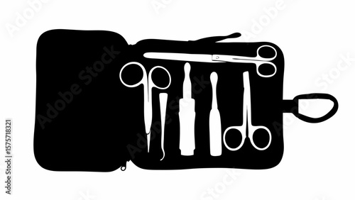 Silhouette illustration of an open black medical kit containing various surgical instruments and tools inside