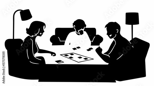 Three people playing a card game around a table with lamps in a living room setting depicted in black and white