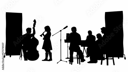 Silhouette of a jazz band performing with a clarinet, bass, piano and microphone on a white background