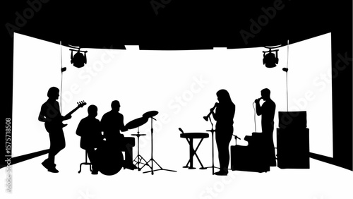 Silhouette of a band performing on stage with instruments and lighting equipment in a concert setting