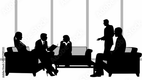 Silhouette depiction of a business meeting with five individuals in a modern office setting with large windows