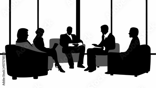 Silhouette of five people in a meeting sitting in chairs in front of a window having a discussion