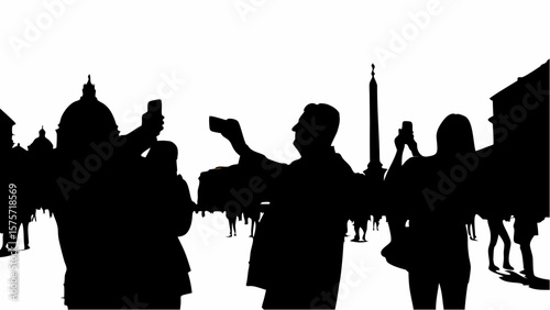 Silhouette of tourists taking pictures in a plaza with a dome and obelisk in the background in black and white