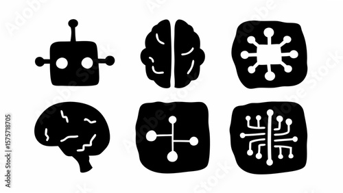 Illustration of a robot head, two brain images, and three different circuit board designs in black color