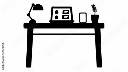 Black silhouette of a desk with a laptop, lamp, phone, and plant, all in a simple, minimalist style