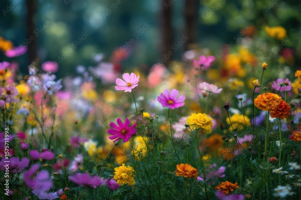 Obraz premium Colorful Cosmos Flowers Blooming in a Field, Symbolizing Growth and Natural Beauty for Springtime Promotions and Garden Design Inspiration : Generative AI